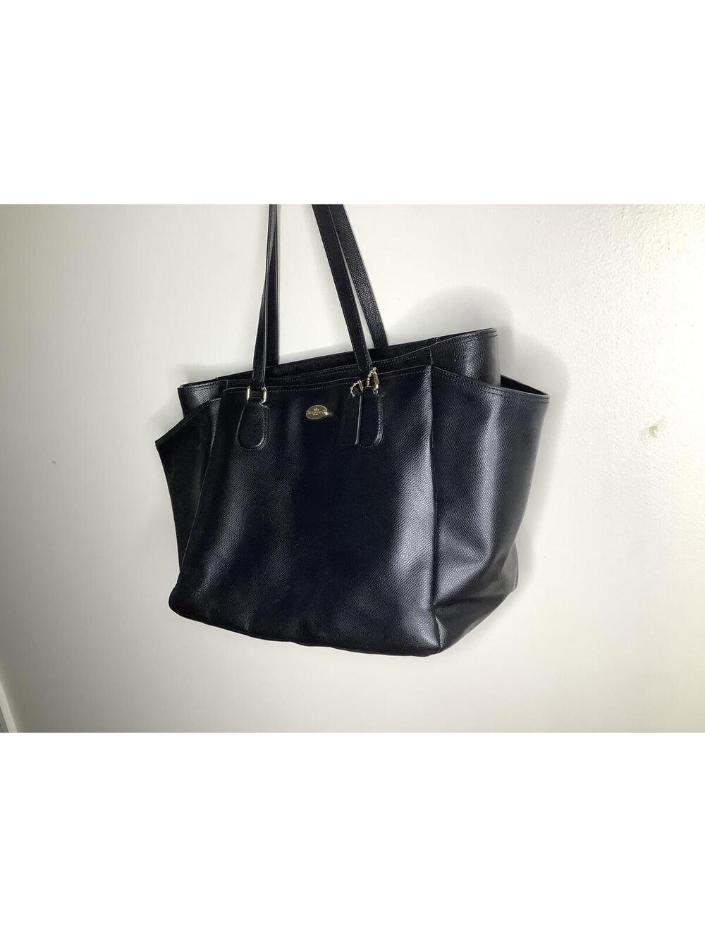 < Coach Black Leather Large Diaper Tote Bag > - Picture 5 of 13